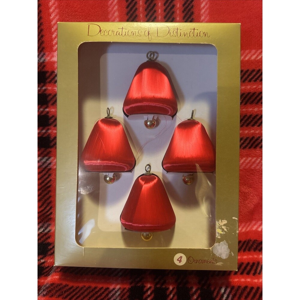 Vintage Decorations of Distinction Ornaments Red Satin Sheen Bells Set of 4